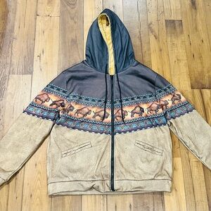Southwest Bison Western Aztec Soft Lined Zip Up Hoodie Jacket Size Large